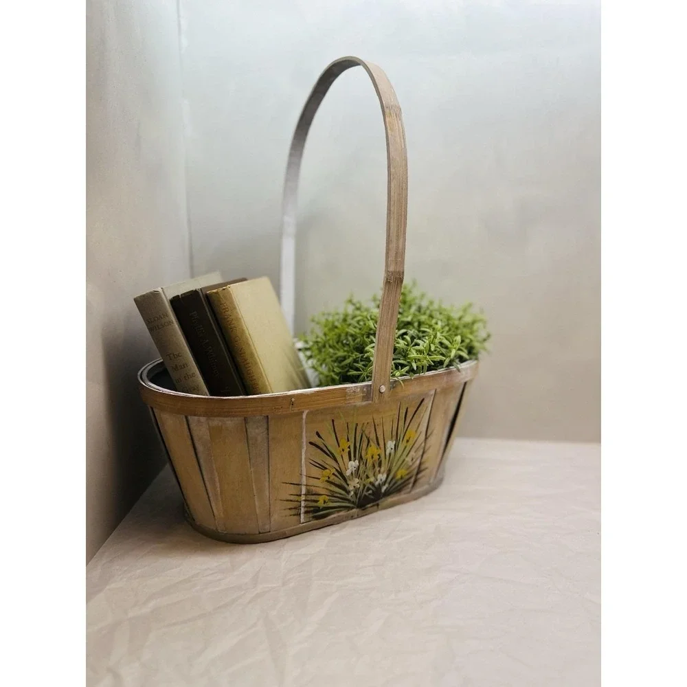 Vintage Hand Painted Basket Yellow Floral Handle Large Whitewashed Split Wood